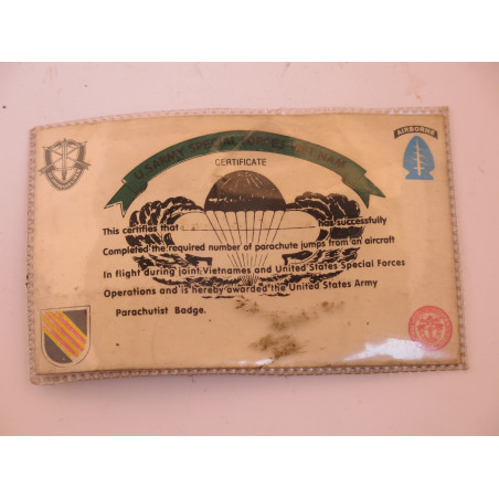 Carte brevet parachutiste special force US army Vietnam Ref ca 25 bo doc