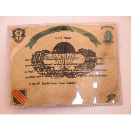 Carte brevet parachutiste 5 th special force US army Vietnam Ref ca 28 bo doc