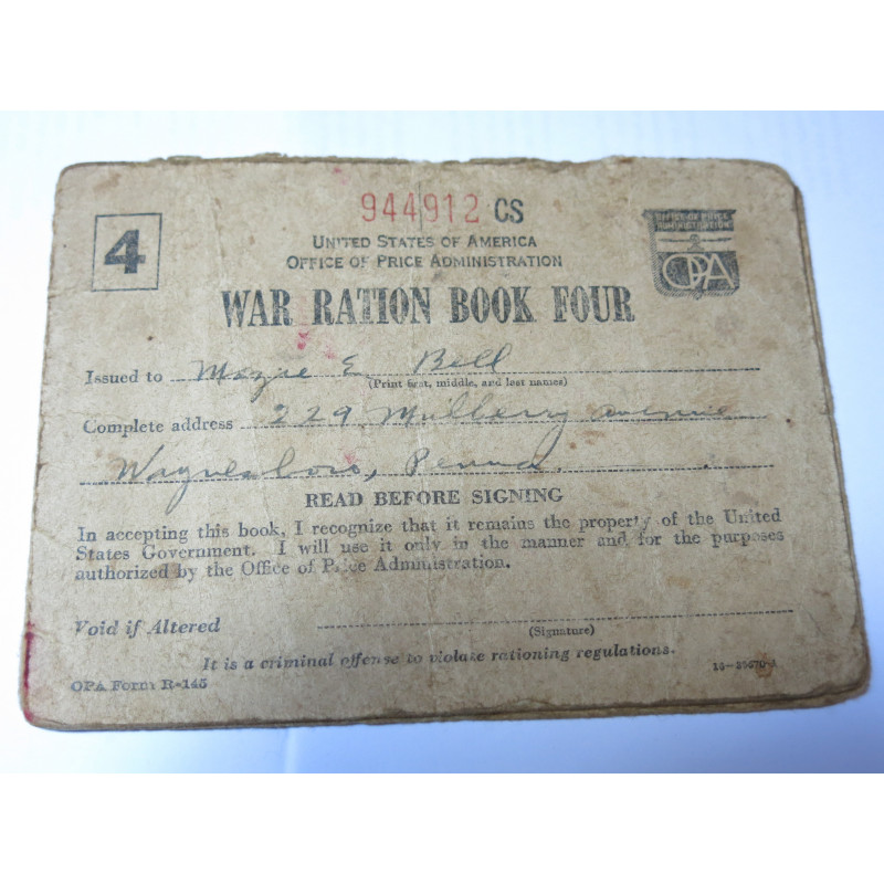 Carnet War ration book four US 39/45 numero 944912 ref bo doc