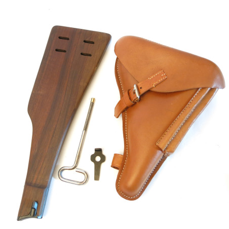 Etui cuir avec crosse bois Luger P08 court avec outils