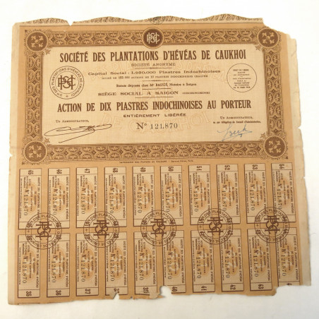 Action 10 piastres Indochine plantation d'Heveas de Caukhoi 