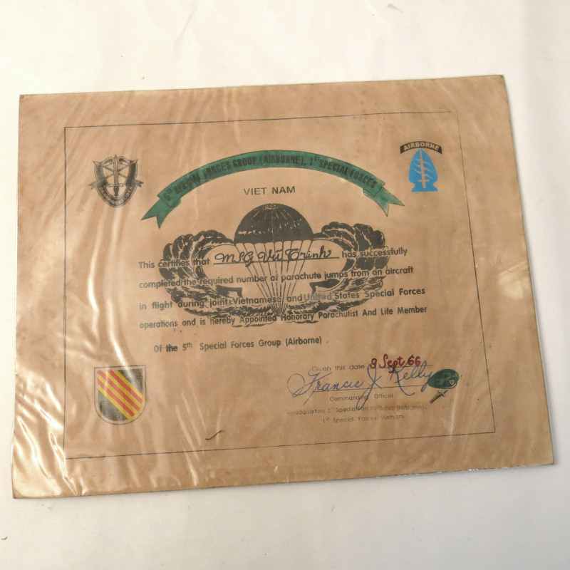 Brevet papier parachutiste speciales forces ARVN 1966 Ref be 25