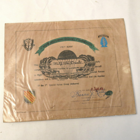 Brevet papier parachutiste speciales forces ARVN 1966 Ref be 25