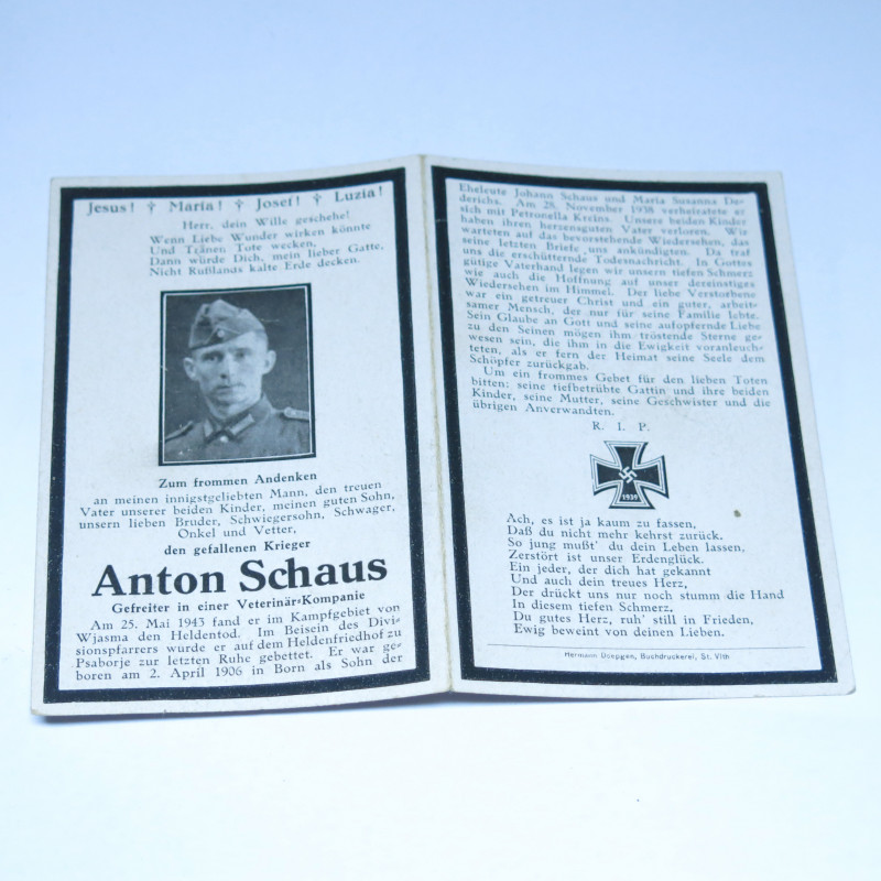 Avis de décès soldat Allemand Anton Schauss bo doc