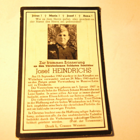 Avis de décès soldat Allemand Josef Heindrichs bo doc