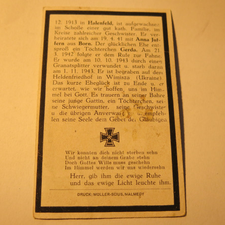 Avis de décès soldat Allemand Bernh Reuter    bo doc