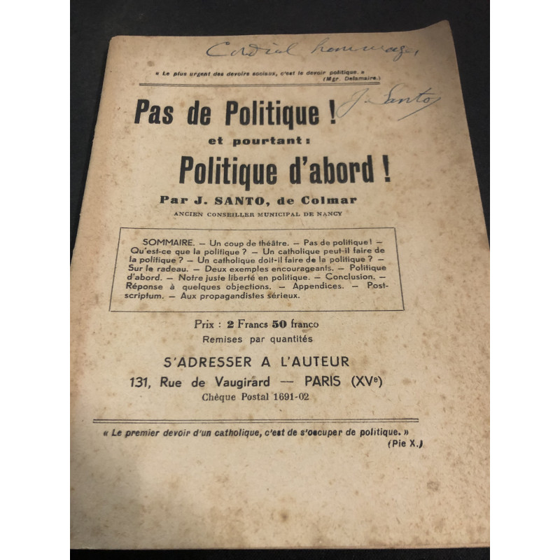 Livre Pas de politique ! et pourtant Politique d'abord de Joseph Santo