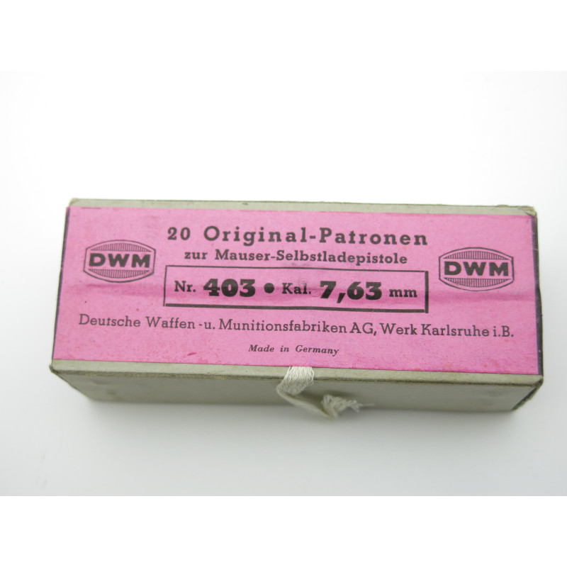 Rare boite pleine originale de 20 cartouches 7.63 DWM pour C96 Mauser  categorie B 