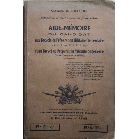 Livre Aide mémoire du candidat aux Brevets de préparation Militaire Elémentaire et Supérieur de 1936-37